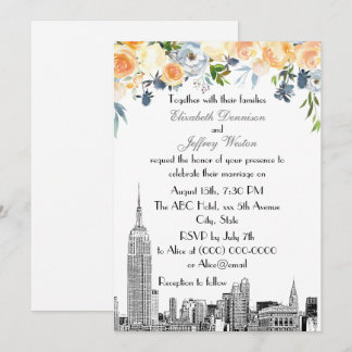 Invitation Paysage de NYC ESB Gravure Bleus Pêche Floral Mari