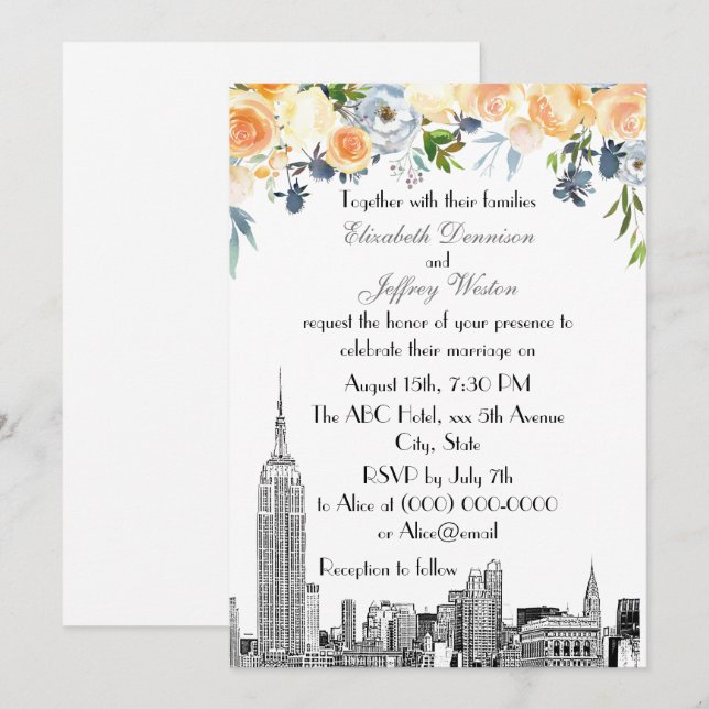 Invitation Paysage de NYC ESB Gravure Bleus Pêche Floral Mari (Devant / Derrière)