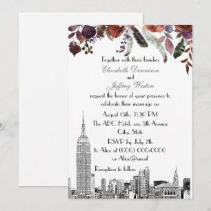 Invitation Paysage de NYC ESB Gravure Bordeaux Fleur Mariage