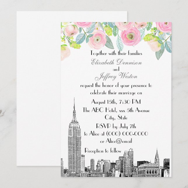 Invitation Paysage de NYC ESB Gravure Fleur de Renoncule Rose (Devant / Derrière)