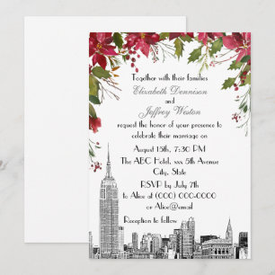 Invitation Paysage de NYC ESB Gravure Holly Poinsettia Mariag
