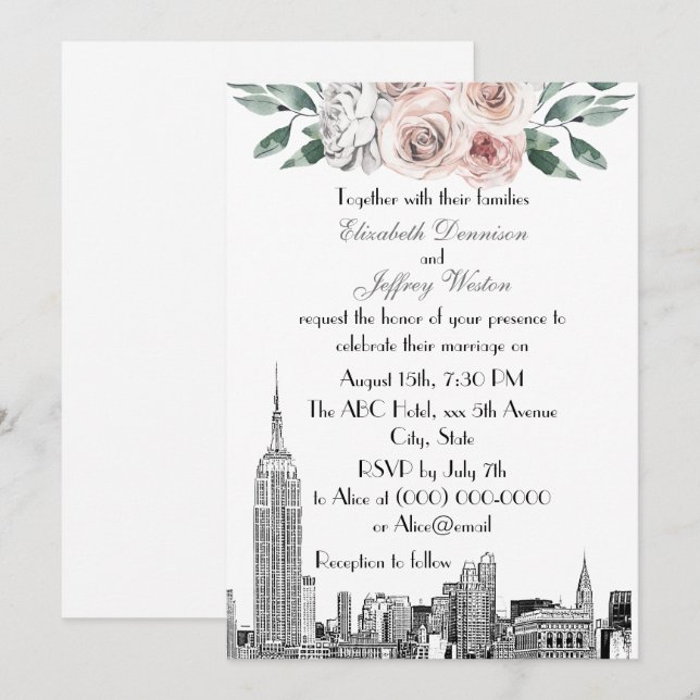 Invitation Paysage de NYC ESB Gravure Lt Rose Gris Fleur Mari (Devant / Derrière)