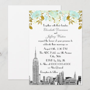 Invitation Paysage de NYC ESB Gravure Or Mint Floral Mariage