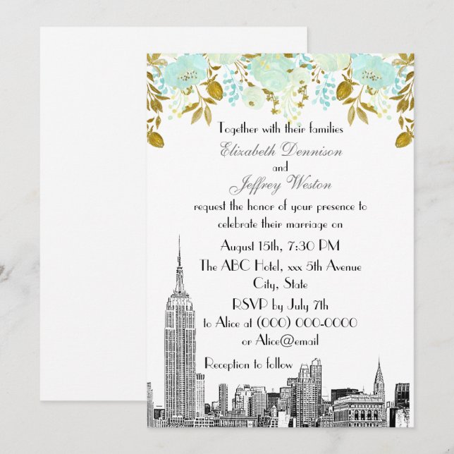 Invitation Paysage de NYC ESB Gravure Or Mint Floral Mariage (Devant / Derrière)