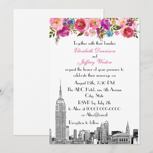 Invitation Paysage de NYC ESB Gravure Printemps Rose Floral M (Devant / Derrière)