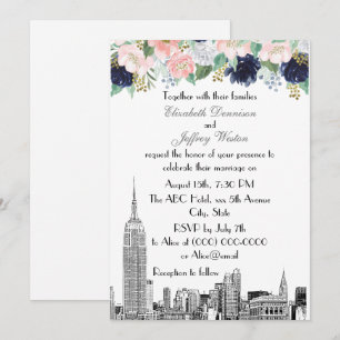 Invitation Paysage de NYC ESB Gravure Rose Blanc Bleu Or Flor