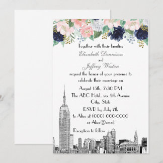 Invitation Paysage de NYC ESB Gravure Rose Blanc Bleu Or Flor