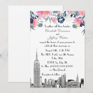 Invitation Paysage de NYC ESB Gravure Rose Bleu Floral Mariag