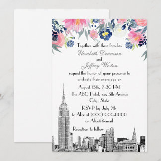 Invitation Paysage de NYC ESB Gravure Rose Bleu Floral Mariag