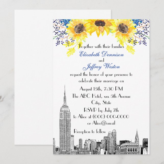 Invitation Paysage de NYC ESB Gravure Tournesol #2 Fleurs Mar (Devant / Derrière)