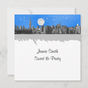 Invitation Paysage de NYC Gravé avec Lune Lt Bleu 2 Douce 16