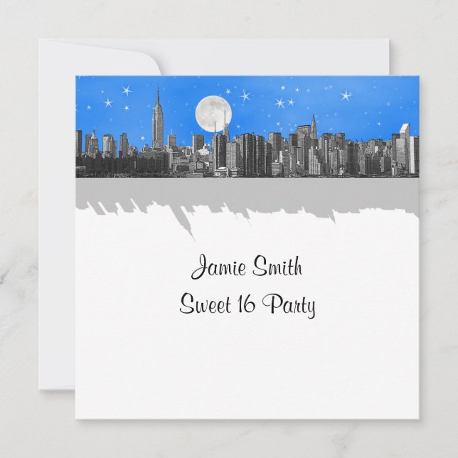 Invitation Paysage de NYC Gravé avec Lune Lt Bleu 2 Douce 16  (Devant)