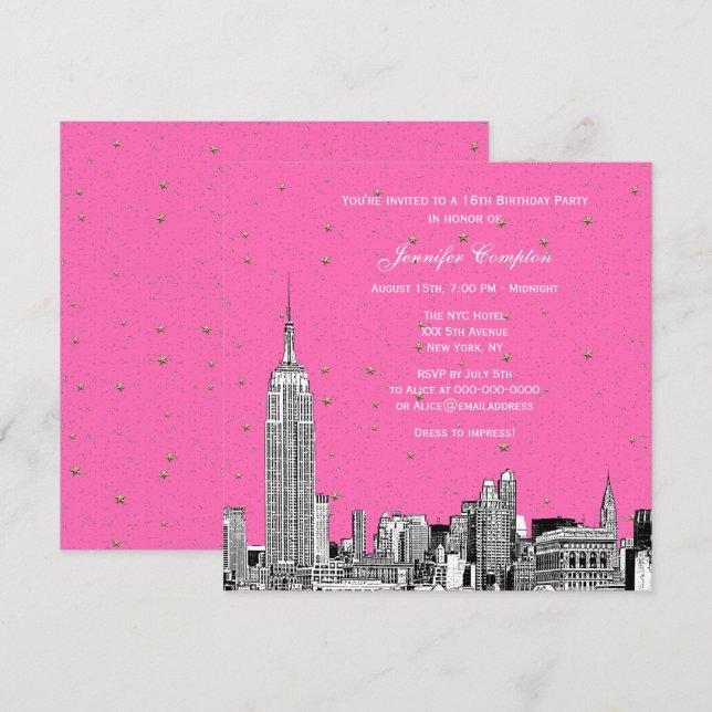 Invitation Paysage de NYC Gravé Starry DIY Fond de Couleur Ca (Devant / Derrière)