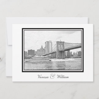 Invitation Paysage de NYC Pont de Brooklyn Bateau BW Gravure 