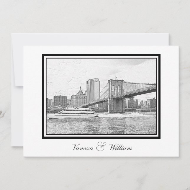 Invitation Paysage de NYC Pont de Brooklyn Bateau BW Gravure  (Devant)