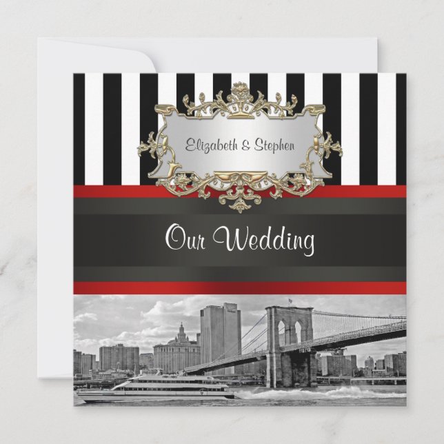 Invitation Paysage de NYC Pont de Brooklyn Mariage Noir Blanc (Devant)