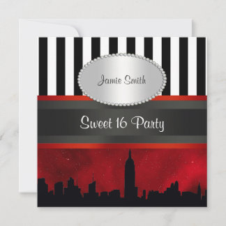 Invitation Paysage de NYC Sil Rouge Ciel Blk Wht Rayure P Swe