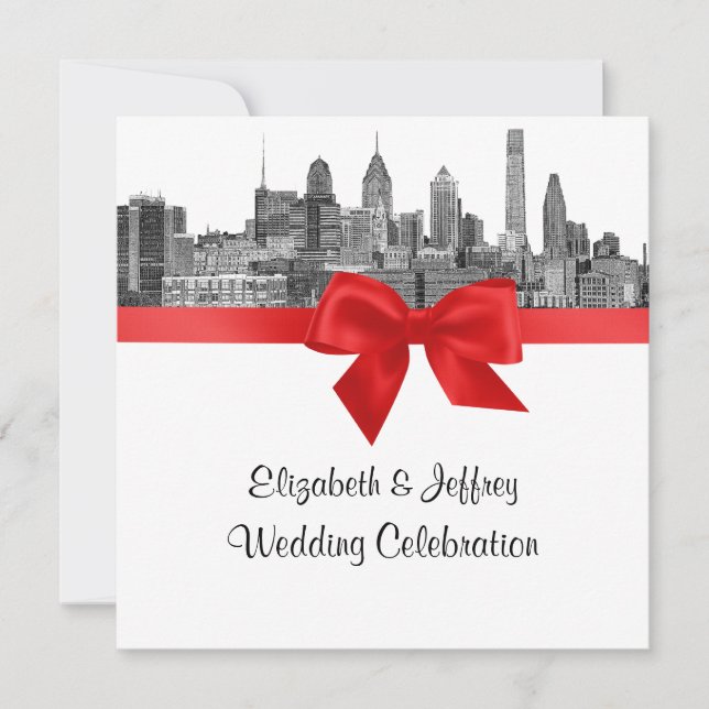 Invitation Paysage de Philadelphie Gravure BW Rouge Mariage (Devant)