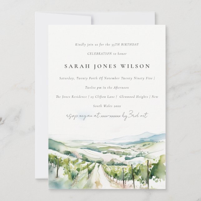 Invitation Paysage de vignoble à l'aquarelle douce pour anniv (Devant)