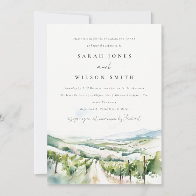 Invitation Paysage de vignoble à l'aquarelle douce pour fianç (Devant)