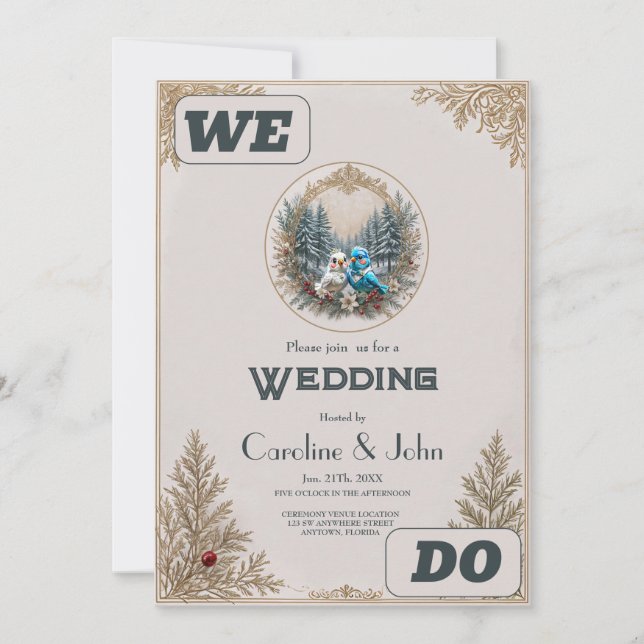 Invitation Paysage d'hiver avec couple mariage d'oiseaux mign (Devant)