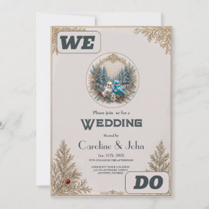 Invitation Paysage d'hiver avec couple mariage d'oiseaux mign