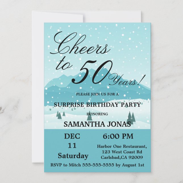 Invitation Paysage d'hiver bleu Surprise 50e anniversaire (Devant)