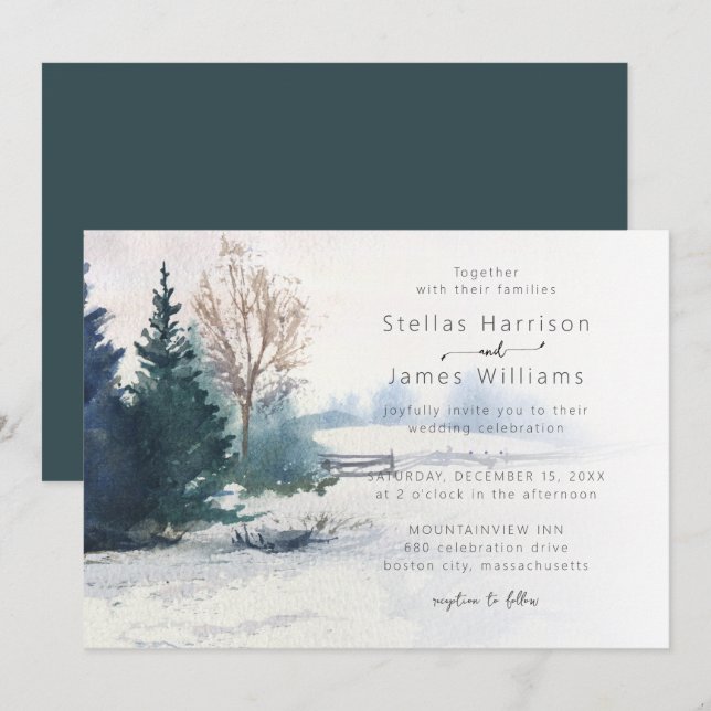Invitation Paysage d'hiver Mariage Arbre Pin (Devant / Derrière)