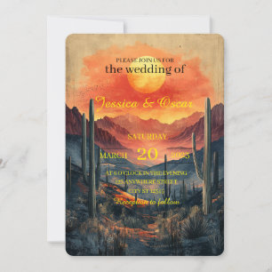 Invitation Paysage du désert d'or avec des cactus silhouettés