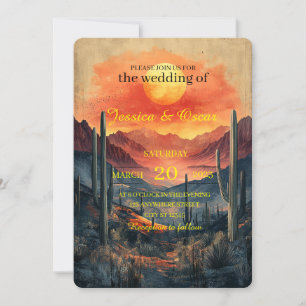 Invitation Paysage du désert d'or avec des cactus silhouettés