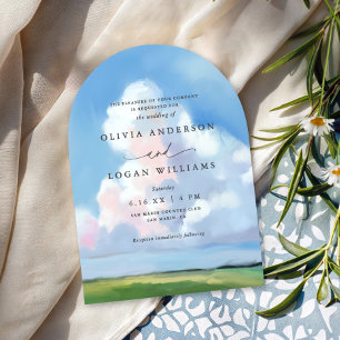 Invitation Paysage élégant peint ciel bleu nuages mariage
