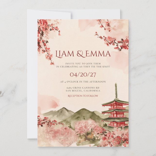 Invitation Paysage Japonais Montagne Sakura Mariage (Devant)