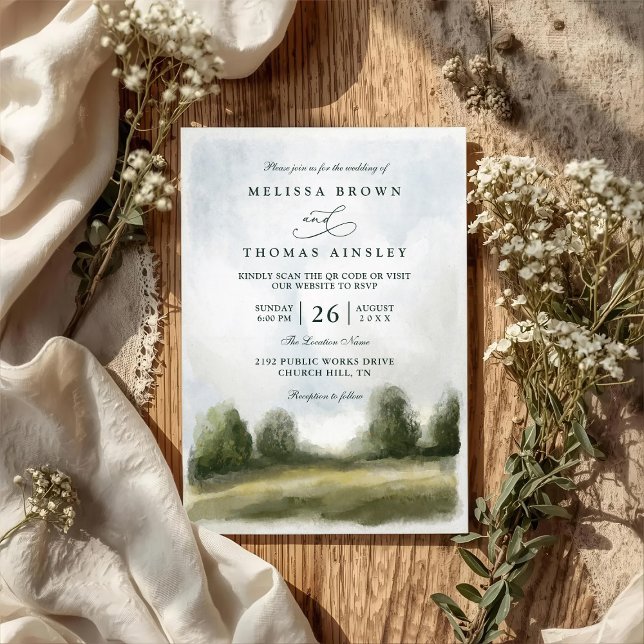 Invitation Paysage rural à l'aquarelle Mariage Code QR (Créateur téléchargé)