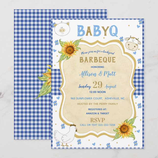 Invitation Paysage Tournesol Bleu Gingham Bébé Q Barbecue (Devant / Derrière)