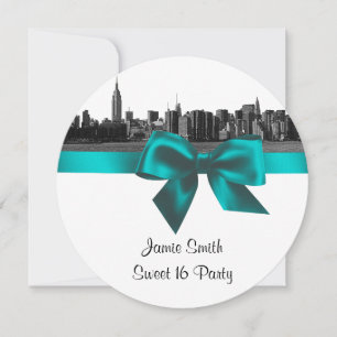 Invitation Paysage urbain de NYC en noir et blanc sarcelle Sw