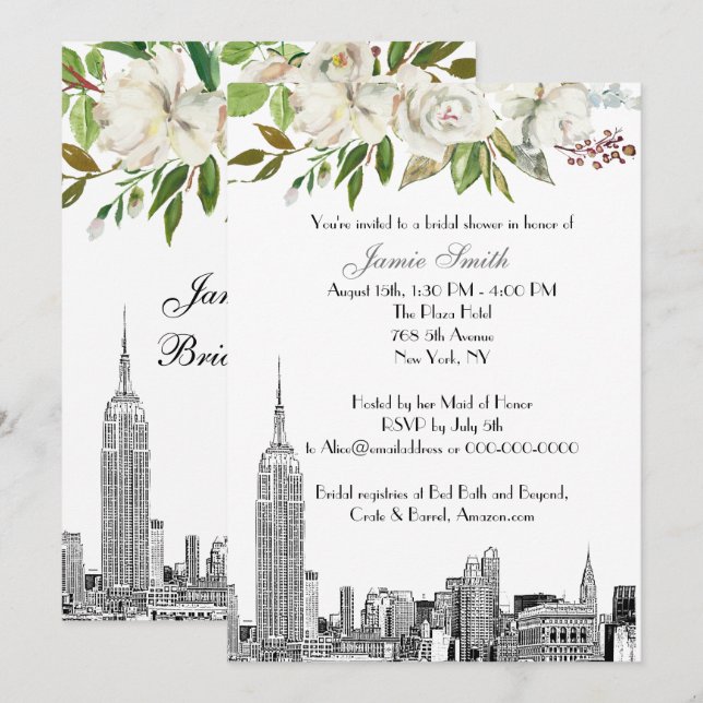 Invitation Paysage urbain de NYC ESB Etch Blanc Fleurs Robe d (Devant / Derrière)