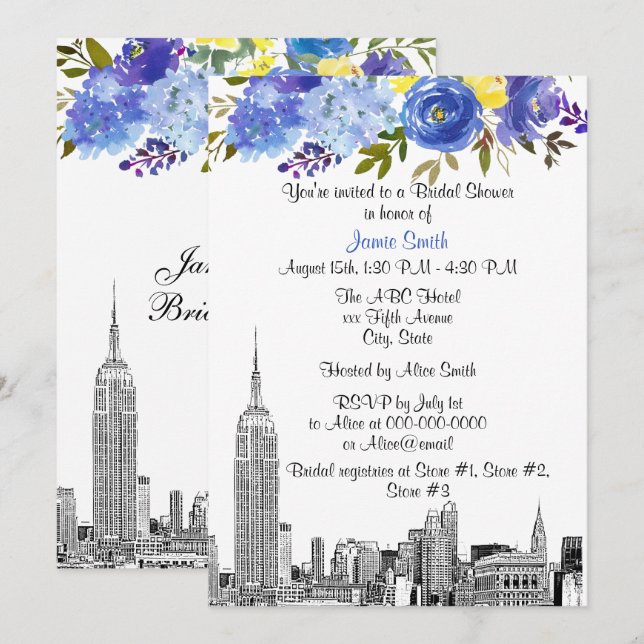 Invitation Paysage urbain de NYC ESB Gravure Bleu Jaune Flora (Devant / Derrière)