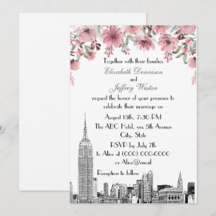 Invitation Paysage urbain de NYC ESB Gravure Fleurs Roses Mar
