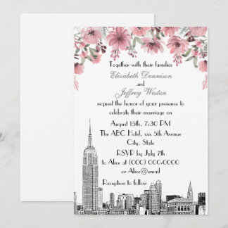 Invitation Paysage urbain de NYC ESB Gravure Fleurs Roses Mar