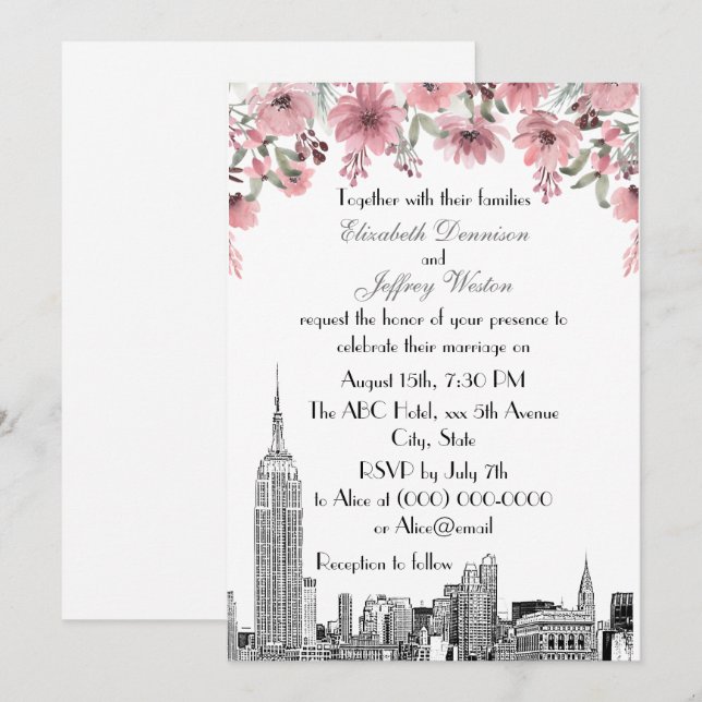Invitation Paysage urbain de NYC ESB Gravure Fleurs Roses Mar (Devant / Derrière)
