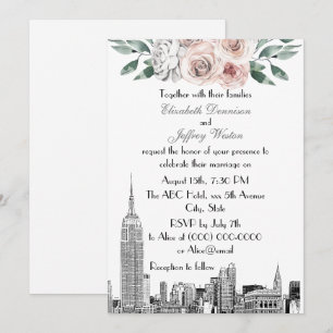Invitation Paysage urbain de NYC ESB Gravure Lt Rose Gris Fle