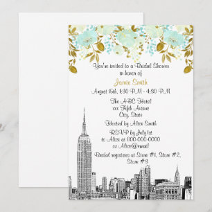 Invitation Paysage urbain de NYC ESB Gravure Mint Gld Floral