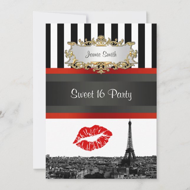 Invitation Paysage urbain de Paris BW Rayure Rouge Baiser Swe (Devant)