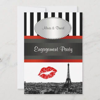 Invitation Paysage urbain de Paris BW Stripe Red Kiss PV Enga