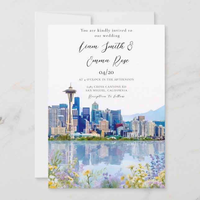 Invitation Paysage urbain de Seattle Wa Ciel Mariage (Devant)