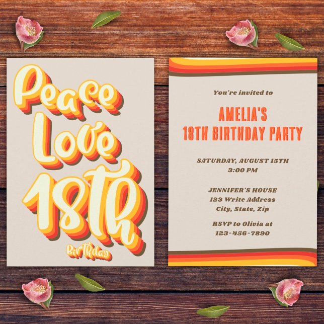 Invitation Peace Amour Rétro Groovy Coucher de Soleil Gris 18 (Front and Back)