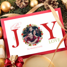 Peace Jove Love Wreath Christmas Photo Card