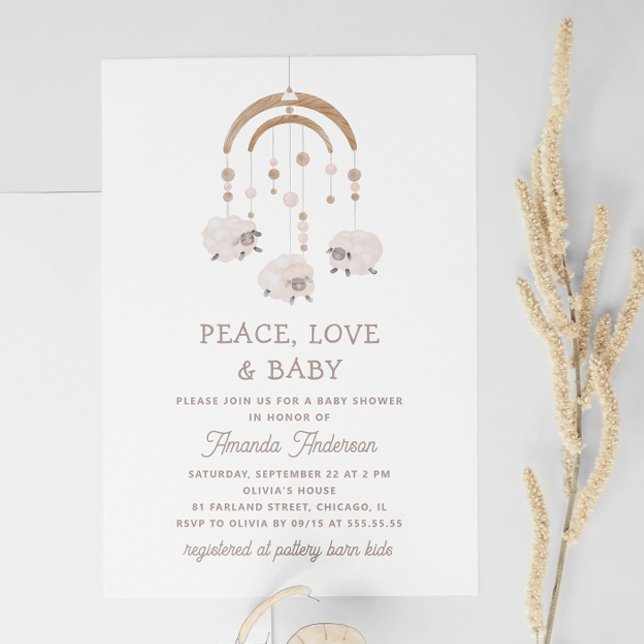 Invitation Peace Love & Baby | Baby shower mobile de mouton m (Créateur téléchargé)