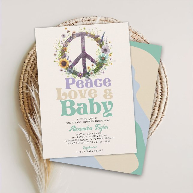 Invitation Peace Love Baby Fleurs sauvages Baby shower neutre (peace love baby groovy hippie retro vintage gender neutral shower invitation blue green lilac beige)
