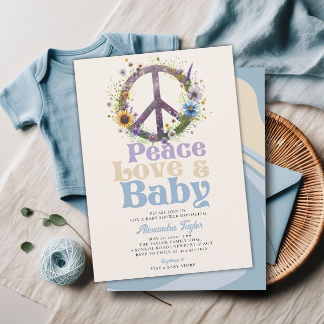 Invitation Peace Love Baby Fleurs sauvages Retro Baby Boy Dou (peace love baby groovy hippie retro vintage boy shower invitation blue brown)